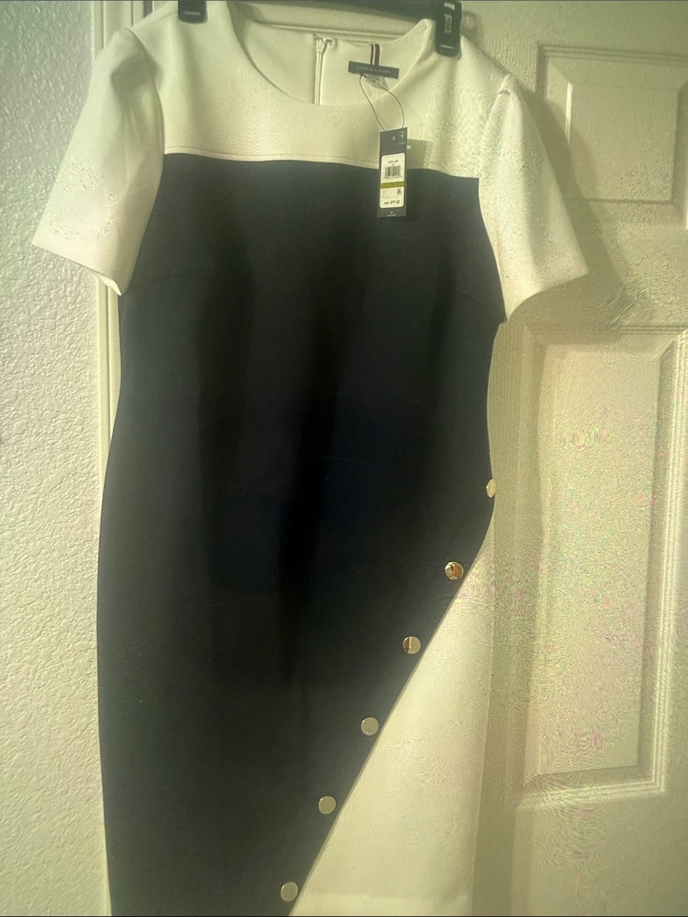 Colorblock Black and White Pencil Skirt with Gold Buttons